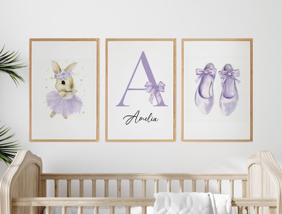 Personalized Purple Nursery Wall Art Set of 3, Ballerina Bunny Print