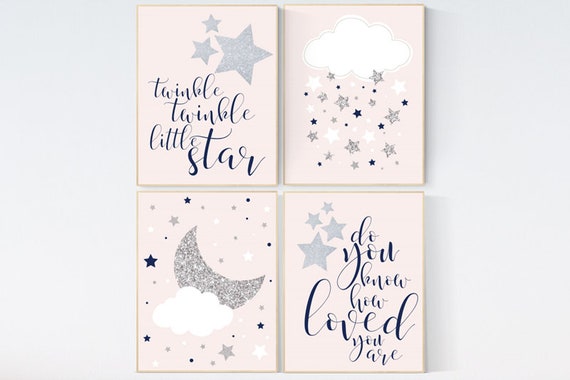 Blush and navy nursery decor, pink silver, blush and navy nursery wall art, nursery prints, twinkle twinkle little star, light coral