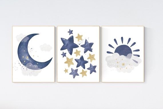 Navy nursery decor, cloud and stars, moon and stars, navy gold nursery art. baby room wall art, boy nursery decor, set of 3, nursery art