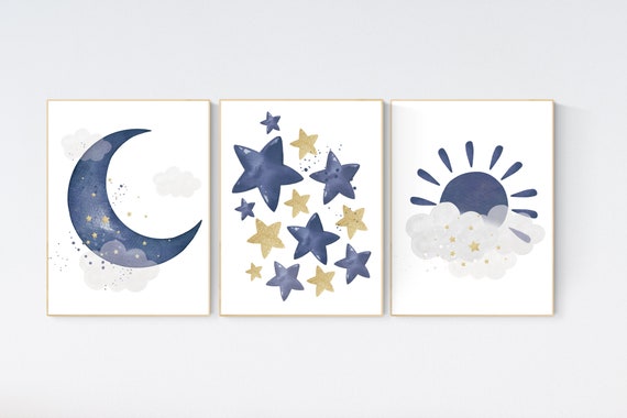 Navy nursery decor, cloud and stars, moon and stars, navy gold nursery art. baby room wall art, boy nursery decor, set of 3, nursery art