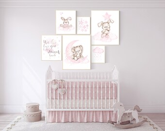 Watercolor Bunny Nursery Print Set: Pink Rabbit Wall Art