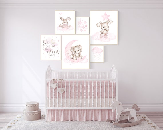 Bunny print for nursery girl, we love you to the moon and back, Nursery wall art girl, Rabbit nursery print, nursery print set girl, pink