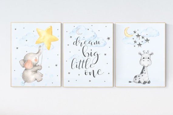 Elephant nursery, dream big little one, Blue and gray, Nursery decor boy, nursery decor, boys room decor, , clouds and stars, blue grey