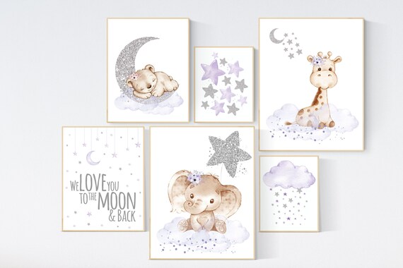 Nursery decor girl, lilac and silver nursery, animal nursery, we love you to the moon and back, purple silver, lavender nursery, animals