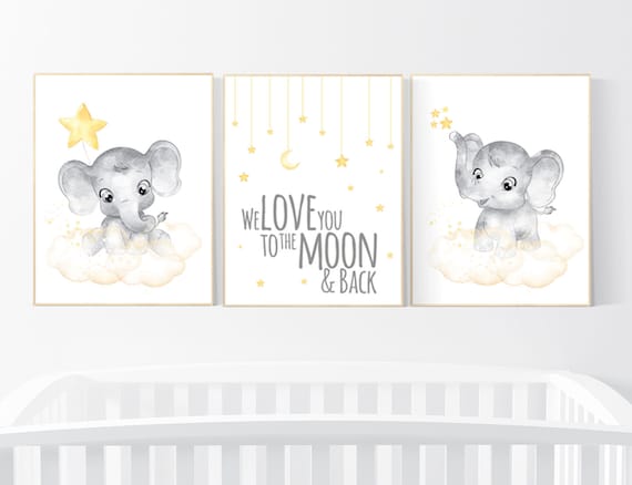 Nursery decor neutral, Yellow nursery, nursery wall art elephant, moon, stars, gender neutral, yellow and gray nursery art, baby room art