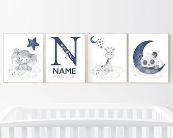 Animal Nursery Art Prints: Navy Blue Elephant, Bear, Giraffe