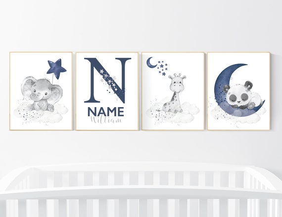 Nursery decor boy elephant, animal nursery, bunny nursery art, navy blue, bear nursery, giraffe baby room wall art, boy room, navy gray grey