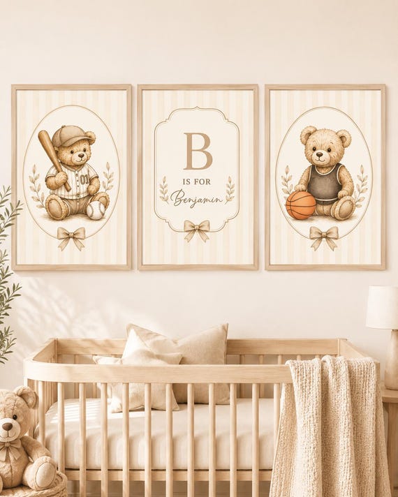 Personalized Sports Teddy Bear Nursery Wall Art Set, Baseball Basketball Bear Prints