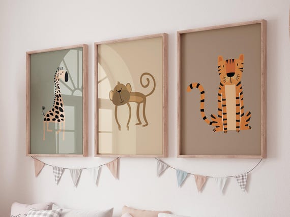 Safari Nursery Wall Art Set of 3, Earth Tone Animal Prints, Giraffe Monkey Tiger