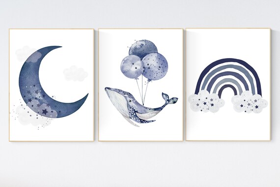 Navy nursery decor, whale nursery, cloud and stars, moon and stars, navy nursery art, baby room wall art, boy nursery decor, set of 3