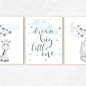 Nursery wall art elephant, nursery decor neutral, dream big little one, cloud and stars, giraffe nursery, moon and stars, gender neutral