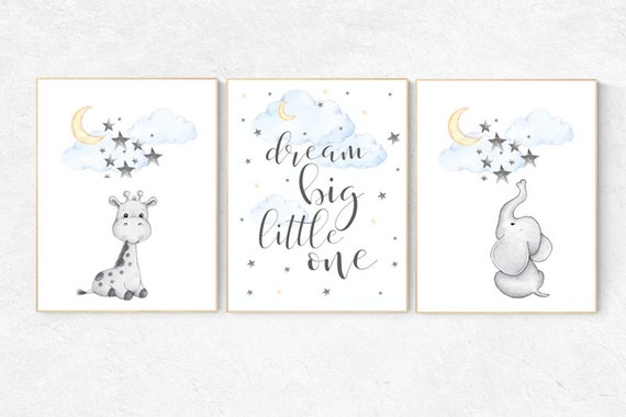 Nursery wall art elephant, nursery decor neutral, dream big little one, cloud and stars, giraffe nursery, moon and stars, gender neutral