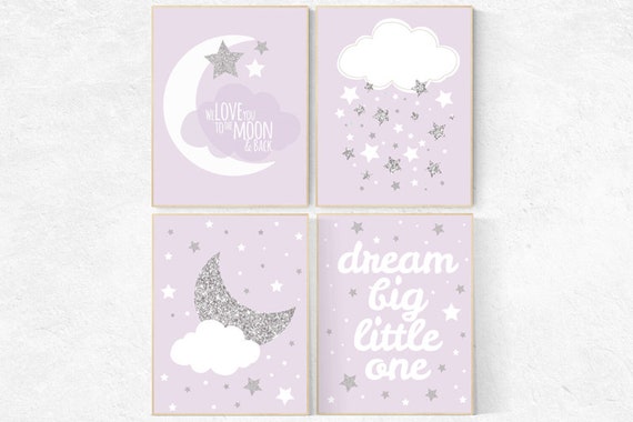 Nursery decor girl purple silver, lavender nursery art, lilac nursery, girls room decor purple, lavender and gray, dream big little star