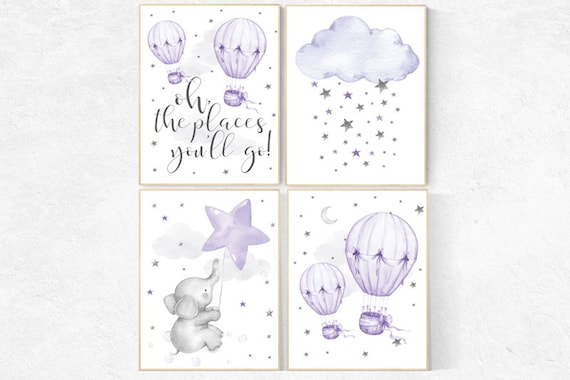 Lilac nursery, elephant nursery, Nursery decor girl purple, Nursery decor girl lavender, hot air balloons, nursery wall art, baby room decor