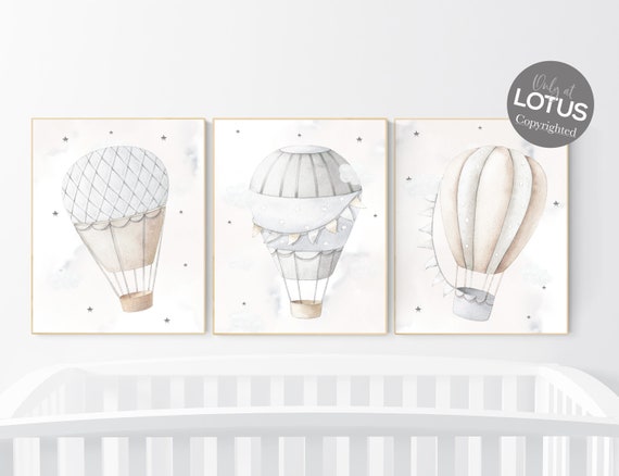 Nursery decor neutral, hot air balloon, gender neutral, grey nursery, baby room decor, beige nursery, neutral colors, travel themed nursery