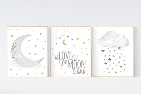 Nursery wall art grey, gray gold nursery, nursery decor neutral, baby room decor gender neutral, moon and stars, grey gold, baby room art