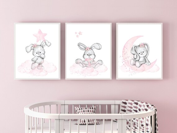 Nursery decor girl flower bunny, nursery wall art bunny, pink and gray, bunny print nursery girl, rabbit nursery art, rabbit print nursery