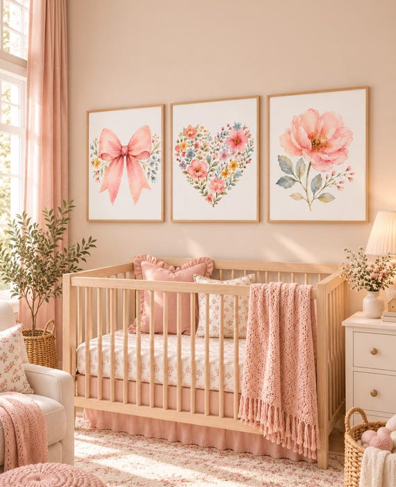 Pink Floral Nursery Wall Art Set, Bow Heart Flower Prints (Set of 3)