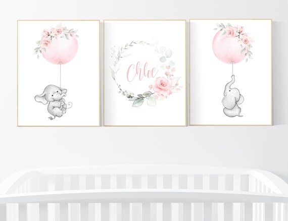 Nursery wall art girl, Blush pink nursery decor, floral nursery, nursery decor elephant, peach nursery, blush nursery, flower nursery