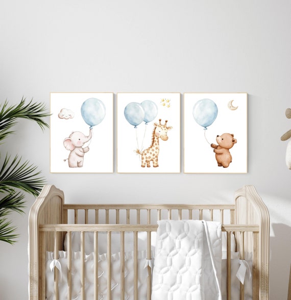 Blue nursery decor, balloon nursery decor, animal prints, nursery decor boy elephant, baby room, blue nursery, giraffe nursery, bear nursery
