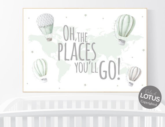 Travel nursery, sage green nursery, hot air balloon, Nursery decor neutral, gender neutral, woodland animals, green nursery, world map