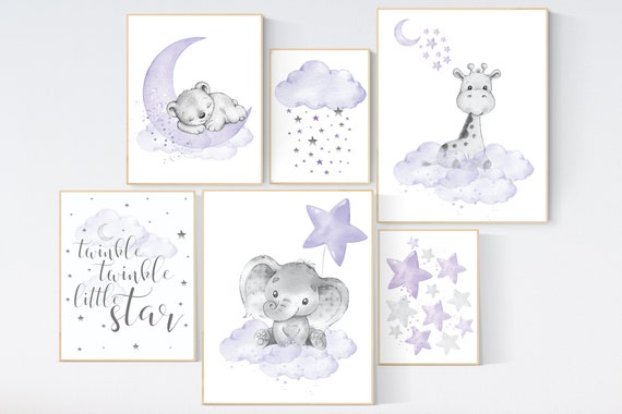 Nursery decor girl purple, nursery decor animals, bear, elephant, giraffe, moon and stars, nursery prints girl, lavender, lilac, nursery art