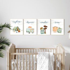 Lámina de viaje para guardería, arte de pared para guardería Explore, guardería para bebé niño, juego de 6 láminas de aventuras, láminas de acampada, decoración de guardería de aventuras