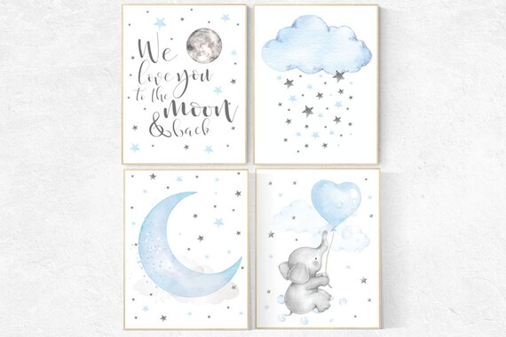 Nursery decor elephant, Nursery decor boy, nursery wall art, we love you to the moon and back, nursery art, blue nursery decor, cloud star