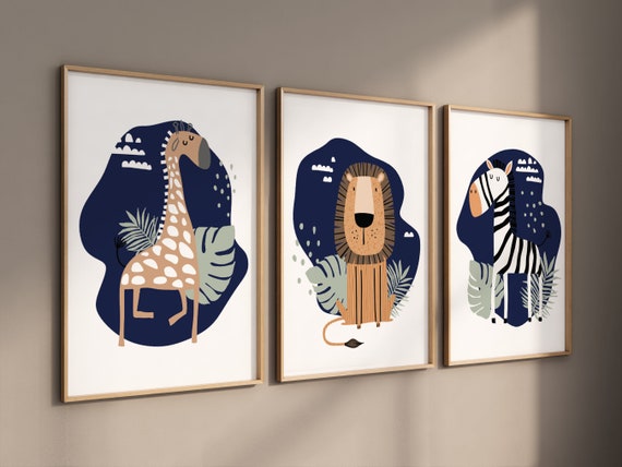 Safari Nursery Wall Prints, Boho Nursery Prints, jungle animals, navy blue Nursery Art, animal Nursery Decor, animal prints