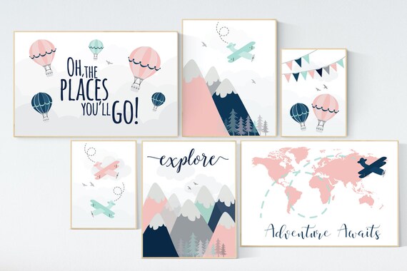 Adventure nursery decor, blush pink mint , mountain art print set, pink navy wall art, airplane, world map, adventure awaits hot air balloon