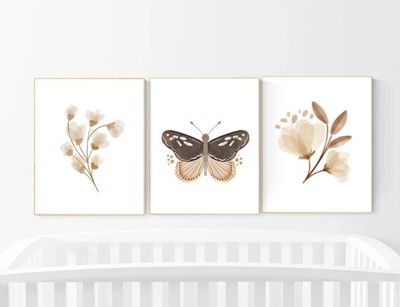 Nursery decor boho, nursery decor girl boho, neutral nursery, Boho Butterfly Floral Set, Butterfly Nursery Wall Art, Neutral colors