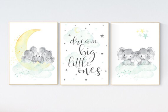 Elephant nursery art, twin nursery decor, elephant nursery print, twin nursery art, moon and stars, mint yellow nursery, twins baby gifts