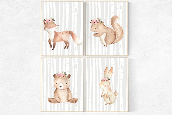 Nursery prints woodland, animal flower crown, Nursery decor girls, nursery prints animals, nursery decor girl flower, nursery decor flower