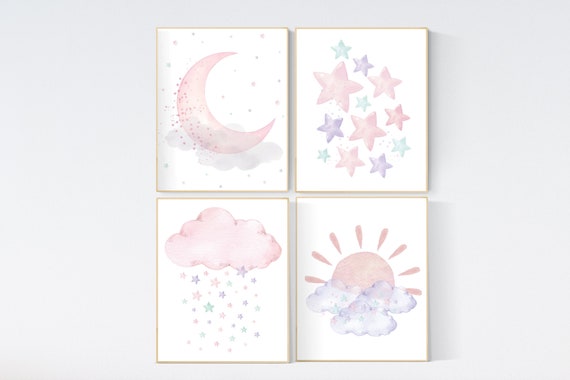 Pink, mint, purple, Nursery decor girl, stars, moon and cloud, nursery wall decor, nursery prints, pink nursery, pink purple, girl nursery