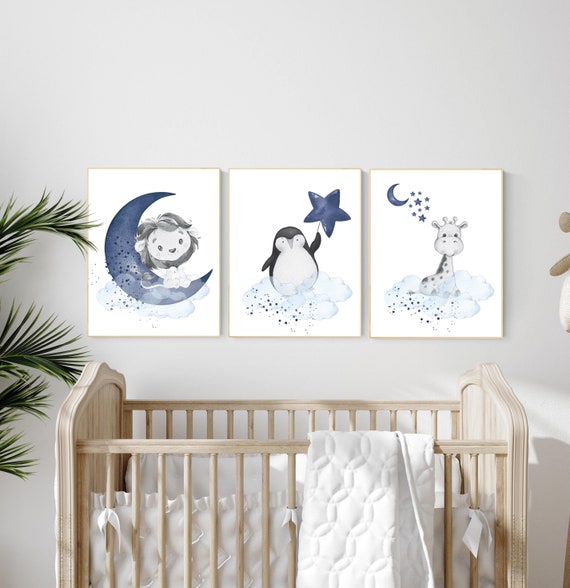 Nursery decor animals, lion, giraffe, penguin, animal nursery prints, navy blue, baby room wall decor, animal prints, navy and blue