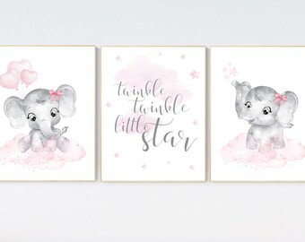 3er Set Elefanten Mädchen Bilder: Rosa und Grau Baby Zimmer Dekor