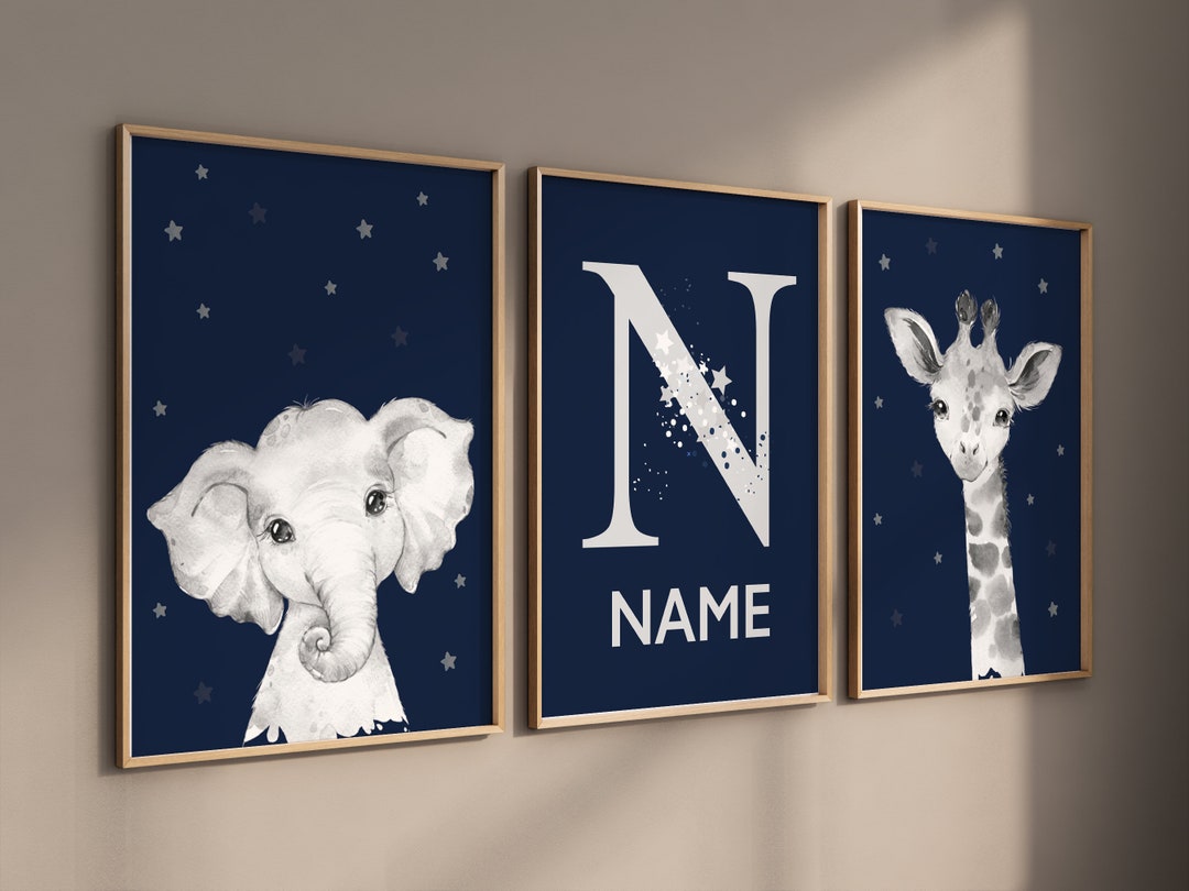 Nursery Decor Elephant and Giraffe, Animal Nursery Prints, Navy Nursery ...