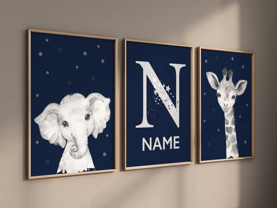 Nursery decor elephant and giraffe, animal nursery prints, navy nursery, navy blue nursery, baby room wall art, woodland animal prints