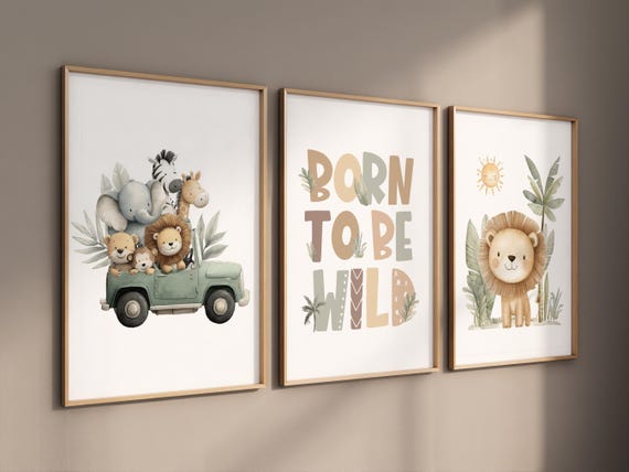 Safari Nursery Art Prints: Jeep, Lion, 'Born to Be Wild' - Set of 3