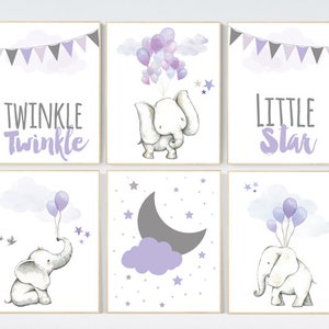 Nursery decor elephant, nursery decor purple, animal nursery prints with balloon, animal balloons, lilac nursery decor elephant, lavender