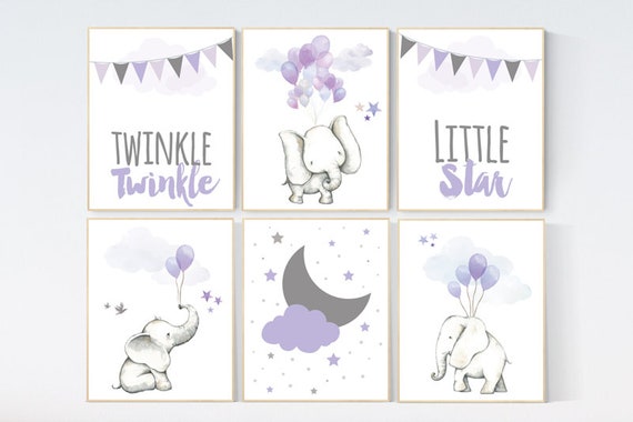 Nursery decor elephant, nursery decor purple, animal nursery prints with balloon, animal balloons, lilac nursery decor elephant, lavender