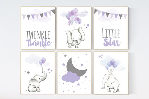 Nursery decor elephant, nursery decor purple, animal nursery prints with balloon, animal balloons, lilac nursery decor elephant, lavender