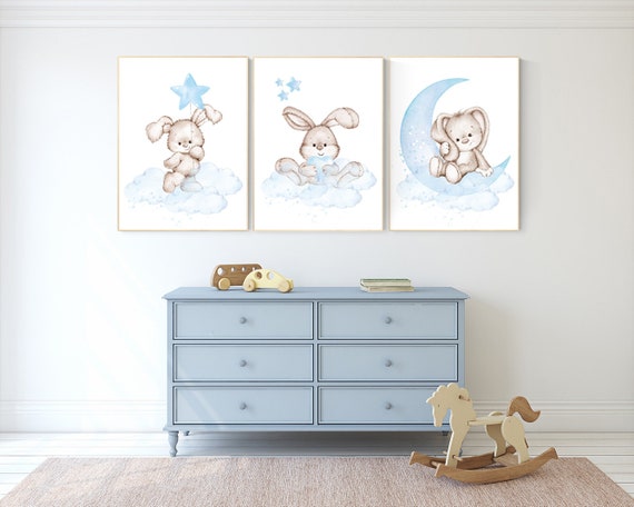 Nursery decor boy bunny, bunny print set, blue nursery, rabbit nursery decor, boy nursery, Bunny print nursery, boy nursery wall art