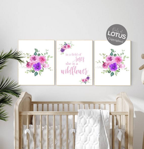 Nursery decor girl boho, floral nursery, pink and purple nursery, girl nursery, in the field of roses be a wildflower, floral nursery prints