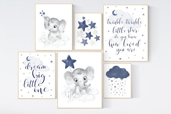 Nursery decor boy, elephant nursery, boy nursery decor, moon and stars, navy nursery, boy nursery wall art, twinkle twinkle little star