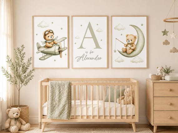 Personalized Teddy Bear Nursery Wall Art Set, Sage Green Airplane Bear Prints