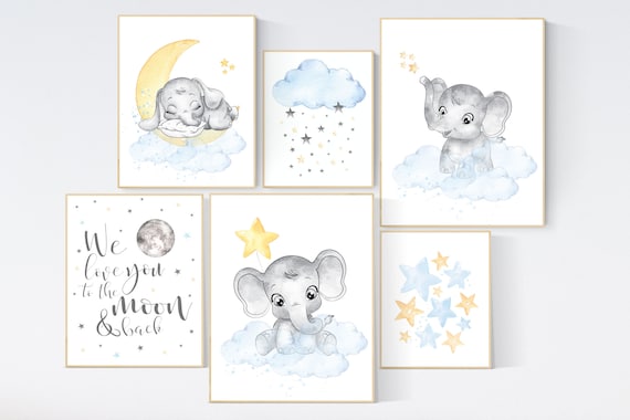 Nursery decor elephant, gender neutral, elephant nursery wall art, yellow blue, twins, unisex, nursery wall decor, moon and stars, baby room