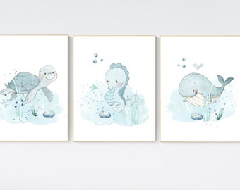 Printset oceaankwekerij: aquarel zeedieren muurkunst
