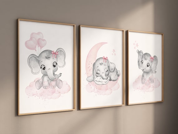 Nursery wall art girl elephant, pink and grey, nursery decor girl pink, moon, stars, nursery prints, baby room decor, girl nursery, animals