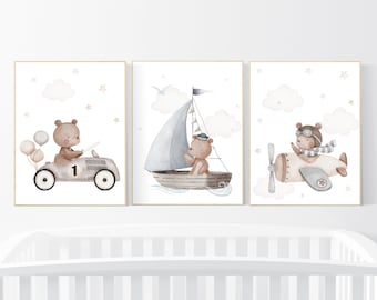 Nursery decor bear, gender neutral nursery, travel nursery, plane nursery, car nursery, bear nursery print, teddy bear decor, grey nursery